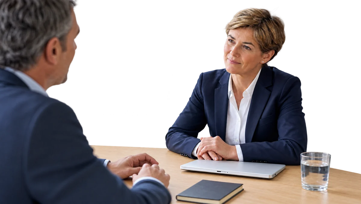 Illustrative scene: a business owner in a confidential consultation.